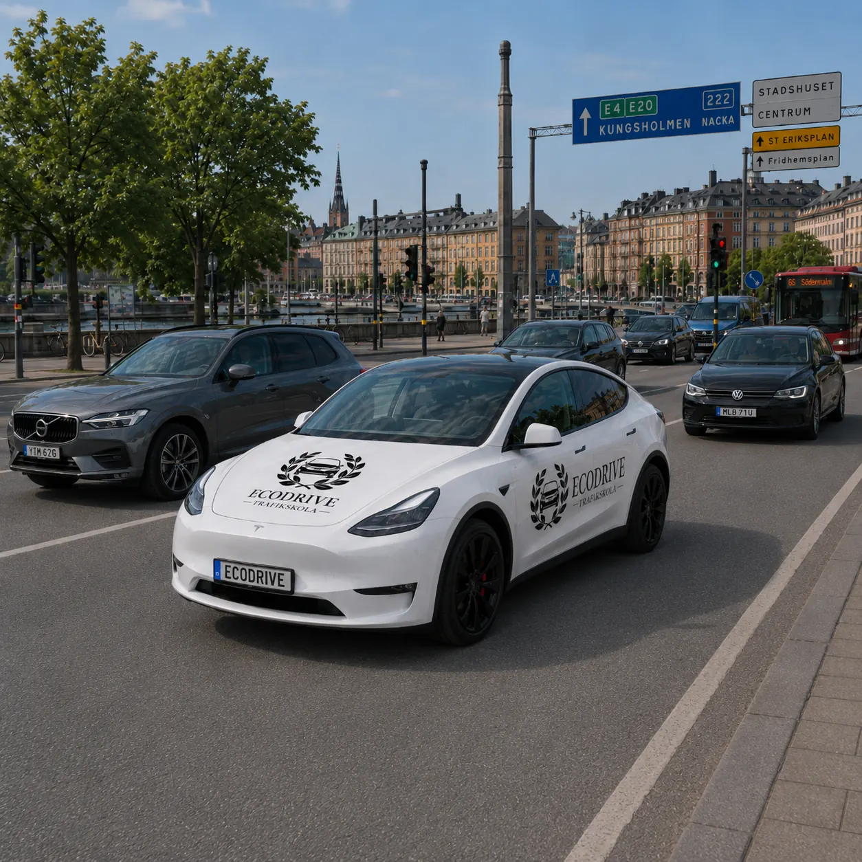 Vit Ecodrive-elbil under körlektion i Stockholmstrafik