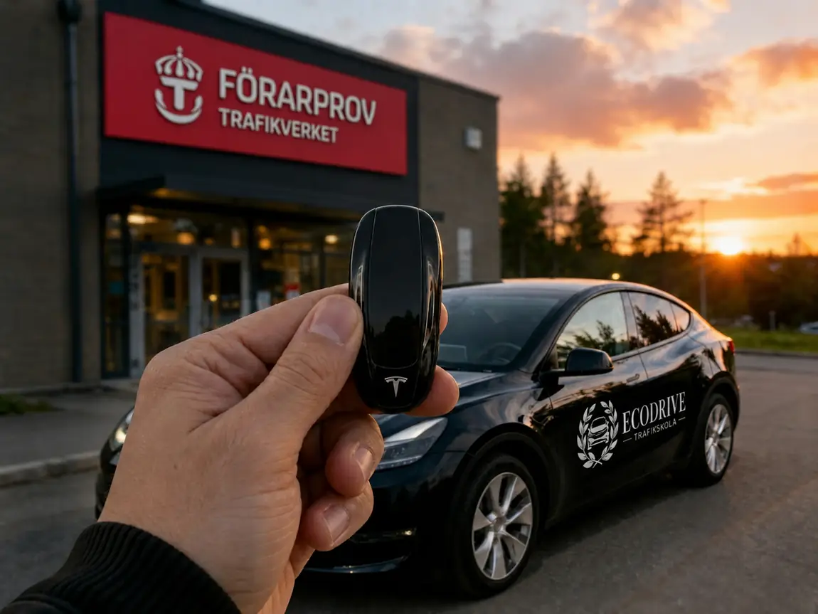 Elbil kör på motorväg i kvällsljus